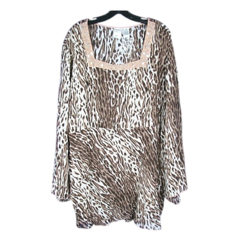 NWOT ROAMAN'S Leopard Chiffon TUNIC/BLOUSE Beaded Detail Neckline Flowy 32W
